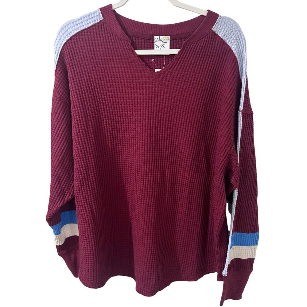 NWT Offline by Aerie Waffle Knit Thermal Long Sleeve Top Burgundy Stripe Size M